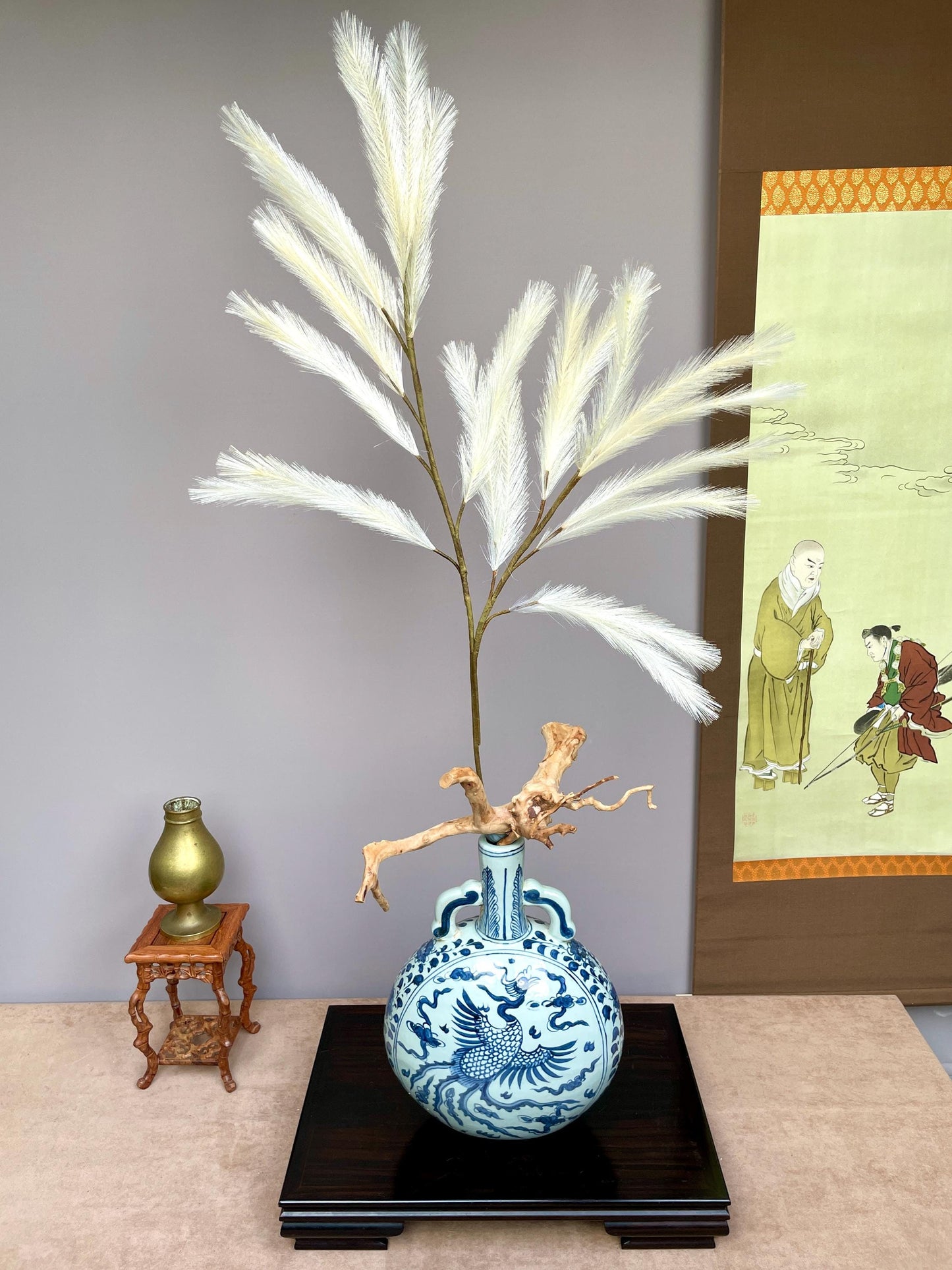 Large Realistic Artificial Pampas Grass Branch Faux Feathery Plume Stem - Minimalist Cream White Greenery for Tall Vases - Luxury Home Decor