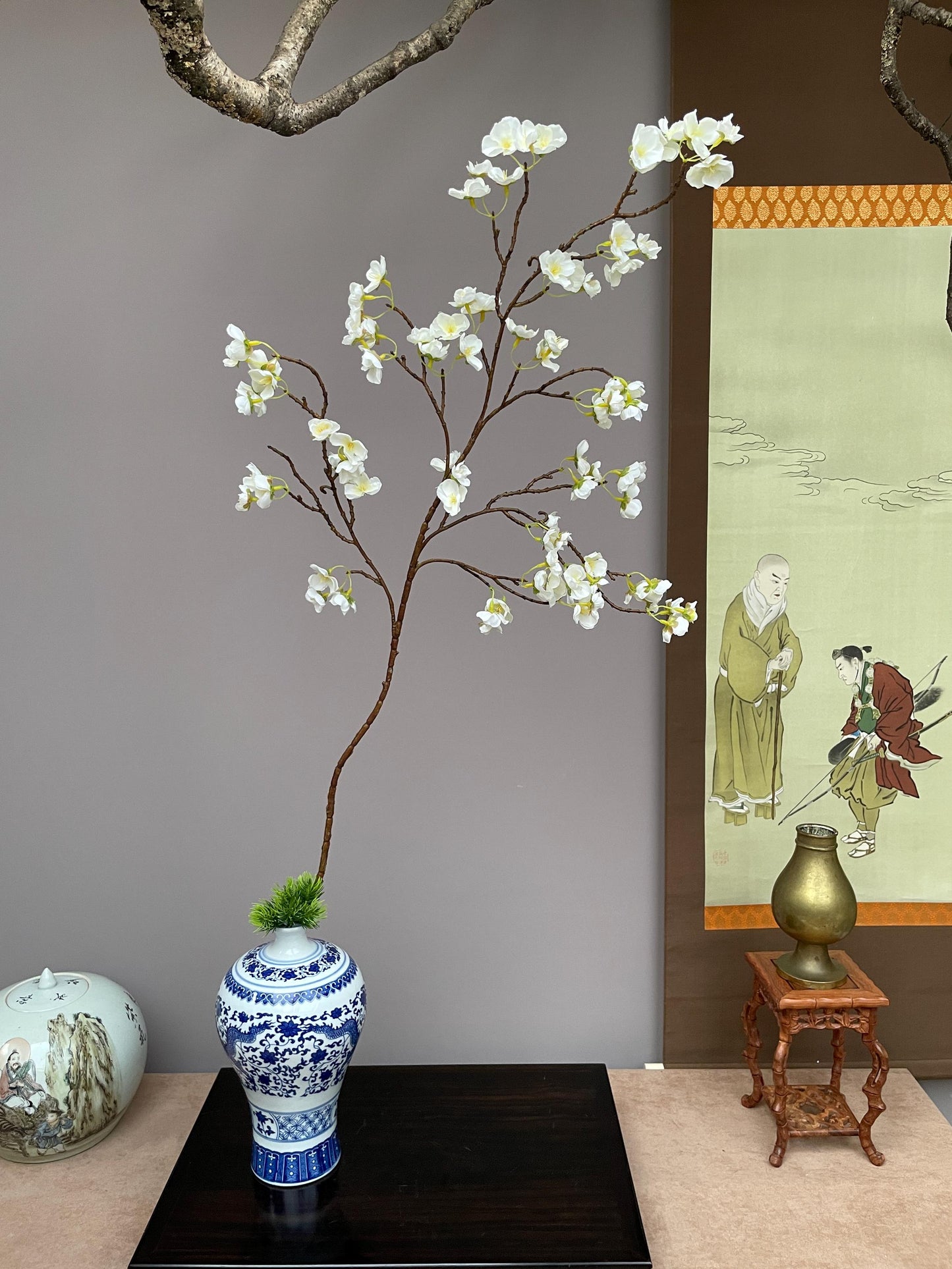 Realistic Faux White Plum Blossom Branch - Prunus Mume Artificial Silk Flower - Zen Minimalist Home Decor  Winter Plum Blossom Arrangement