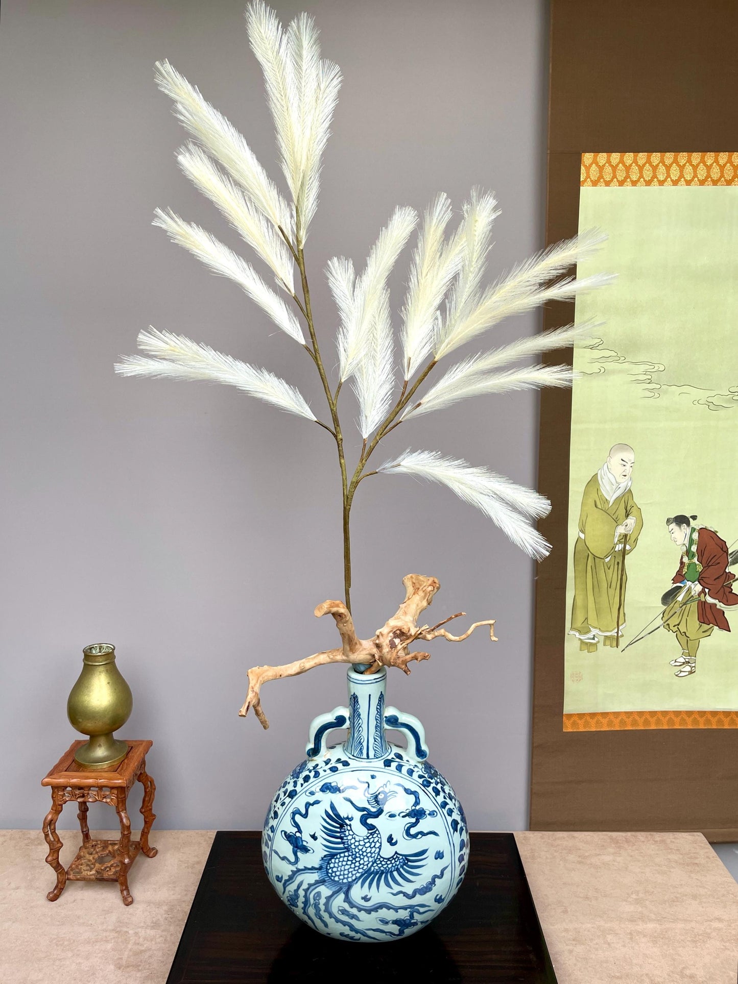 Large Realistic Artificial Pampas Grass Branch Faux Feathery Plume Stem - Minimalist Cream White Greenery for Tall Vases - Luxury Home Decor