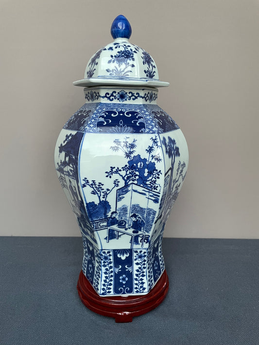 Chinoiserie vase Hexagon Blue and White Chinese Porcelain Ginger Jar