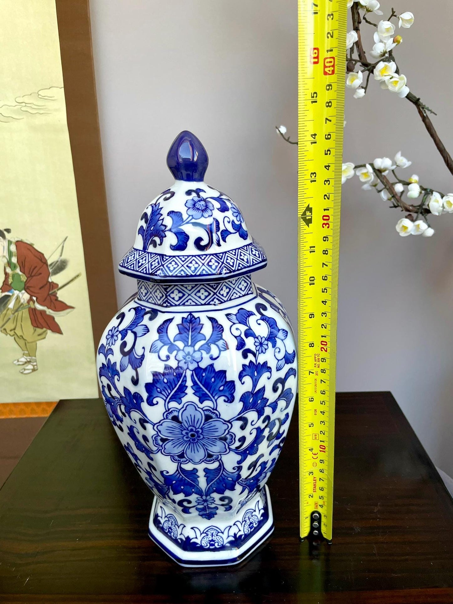 Blue & White Porcelain Ginger Jar • Hexagonal Lidded Vase with Floral Motifs • Hand-crafted Decorative Jar • Classic Oriental Home Decor