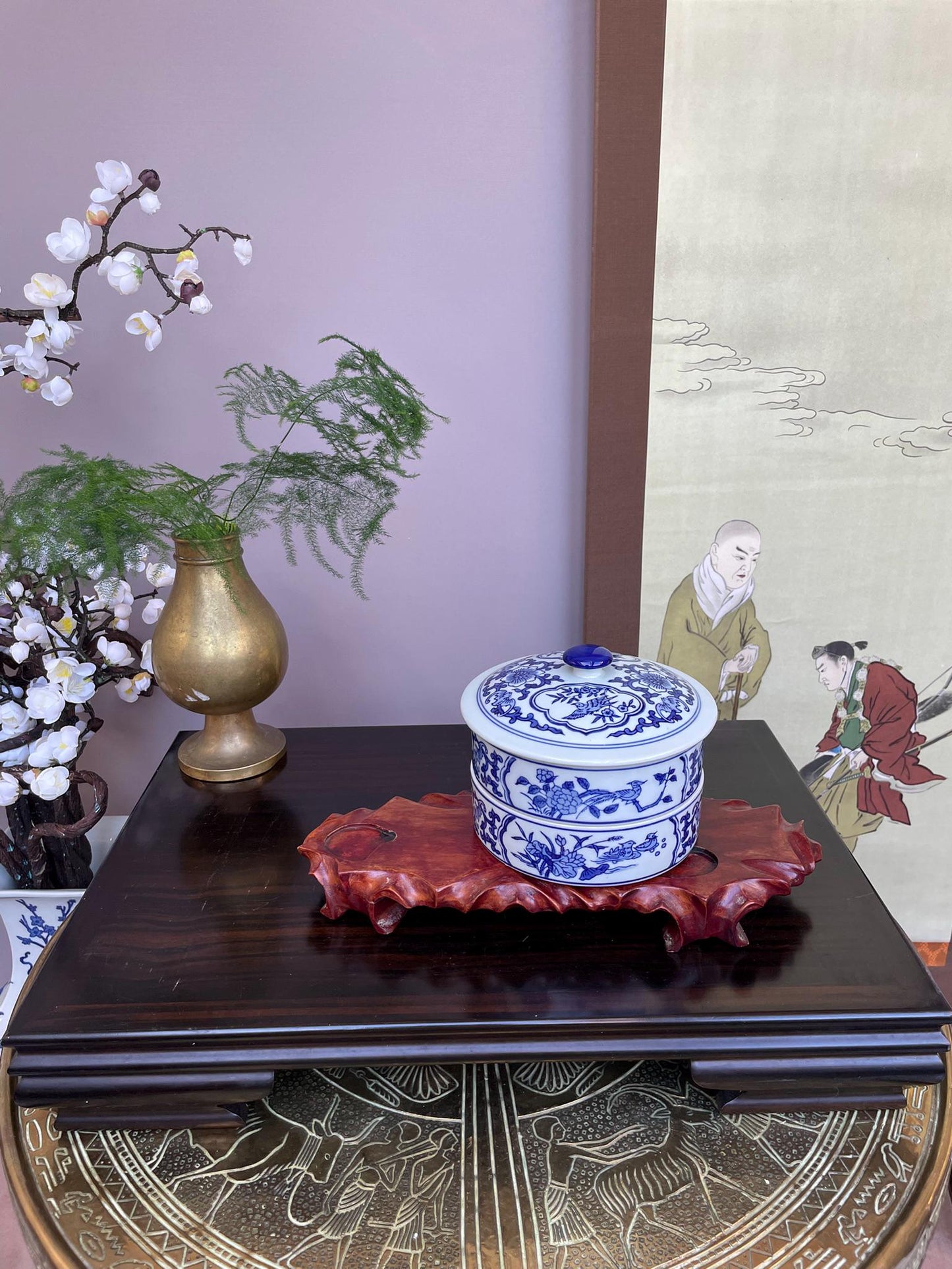 Blue and White Chinese Porcelain 2Tier Lidded Container Hand-Painted Floral & Bird Design Stacking Ceramic Storage Jar Functional Home Deco