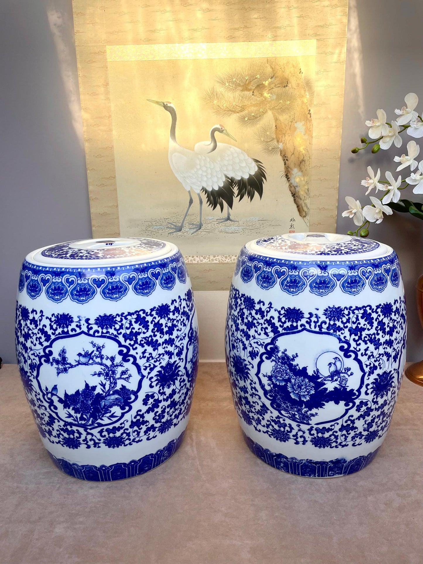 Blue & White Porcelain Lidded Container • Chinoiserie Ginger Jar Side Table • Decorative Storage Jar w/ Rubber Gasket • Floral Bird Pattern