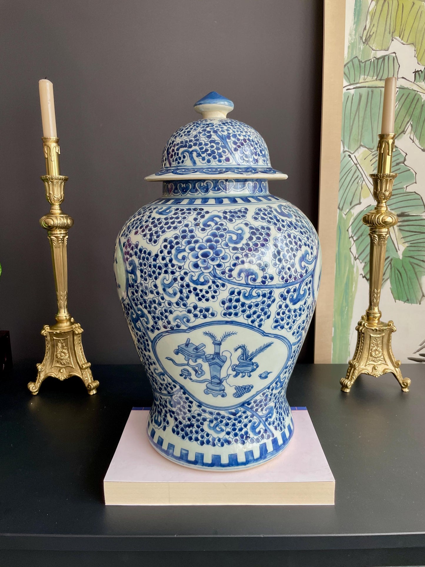 Monumental 50cm Hand-Painted Blue White Temple Jar Pair | Super-Sized Prunus & Antiquities Motif Covered Ginger Jars
