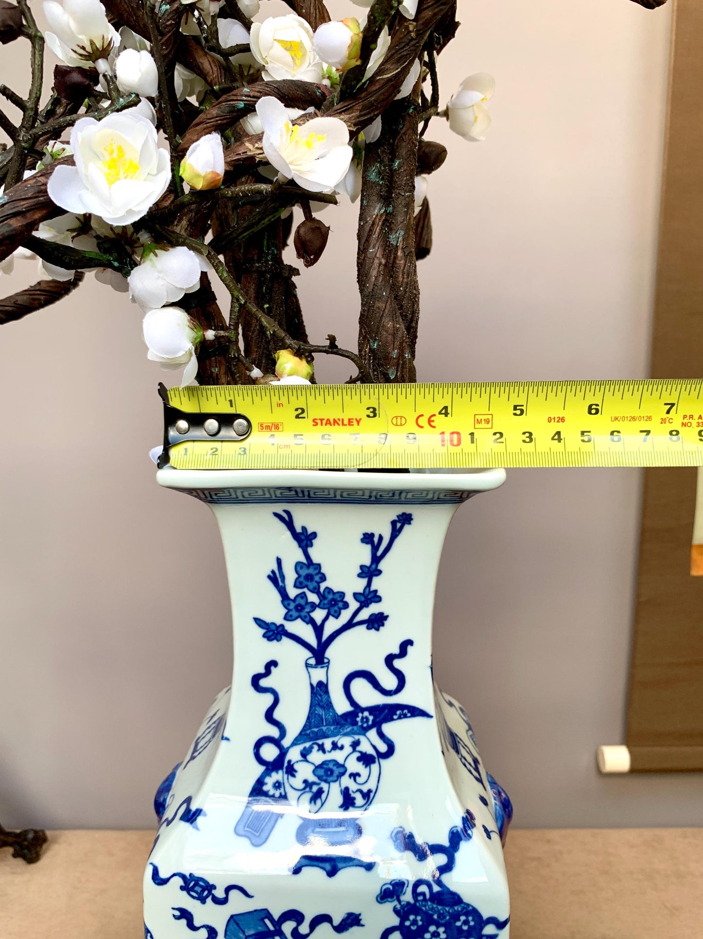 Tall Hand-Crafted Blue and White Square Vase Rare "Hundred Antiques" (Bogu) Motif Heavy Premium Porcelain Traditional Scholar's Studio Decor