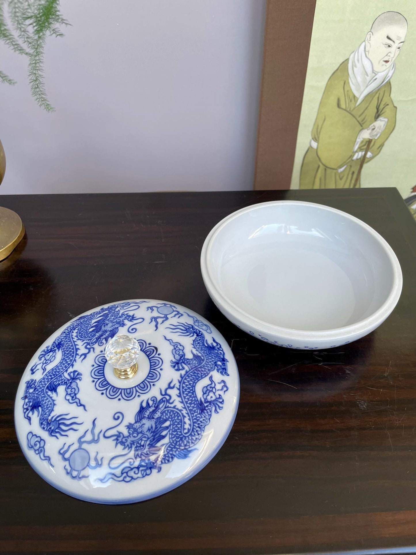 Hand-Crafted Blue and White Porcelain Dragon Jewellery Box - Lidded Trinket Jar with Crystal Knob - Chinoiserie Décor for Precious Items