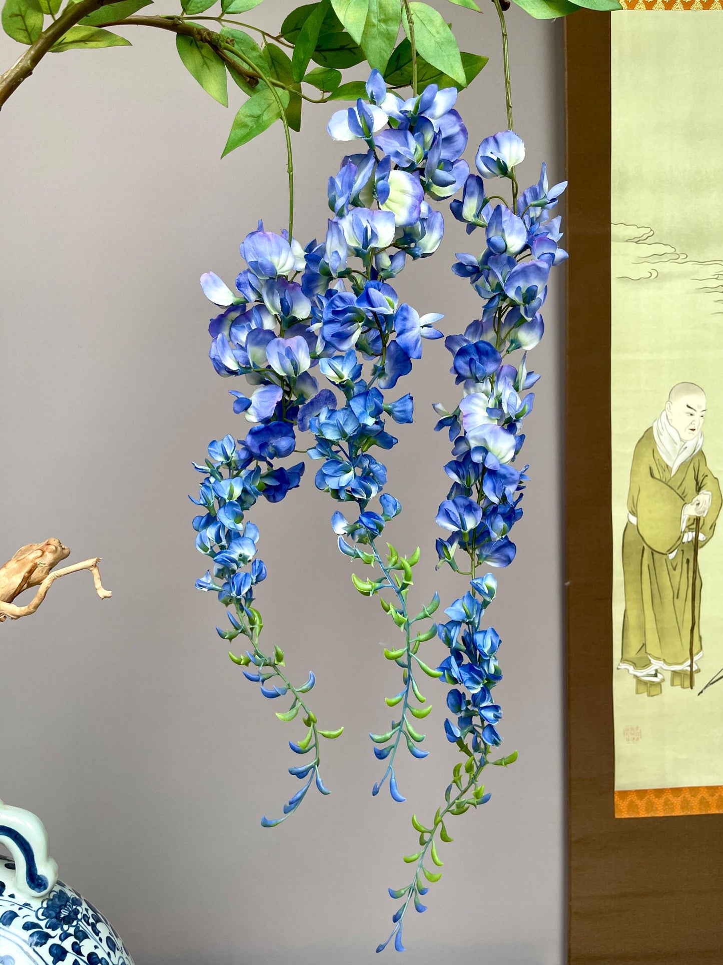 Large Realistic Artificial Wisteria Branch - Faux Blue Blossom Stem with Buds - Elegant Draping Floral for Tall Vases - Luxury Home Decor