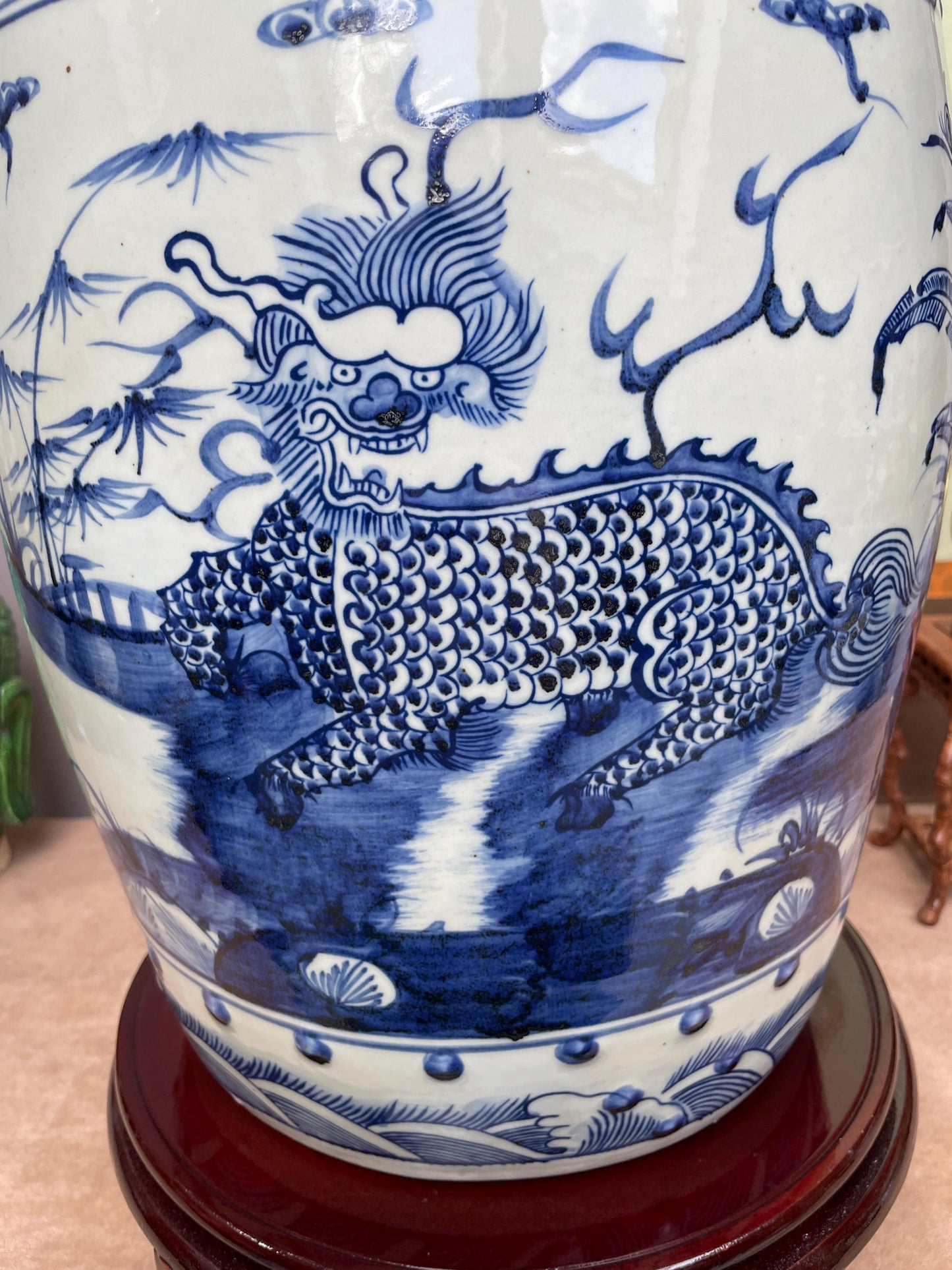 Large Blue and White Porcelain Garden Stool, Hand Painted Qilin Dragon Ceramic Seat Chinoiserie Drum Stool Oriental Decor, Rare Heavy SINGLE