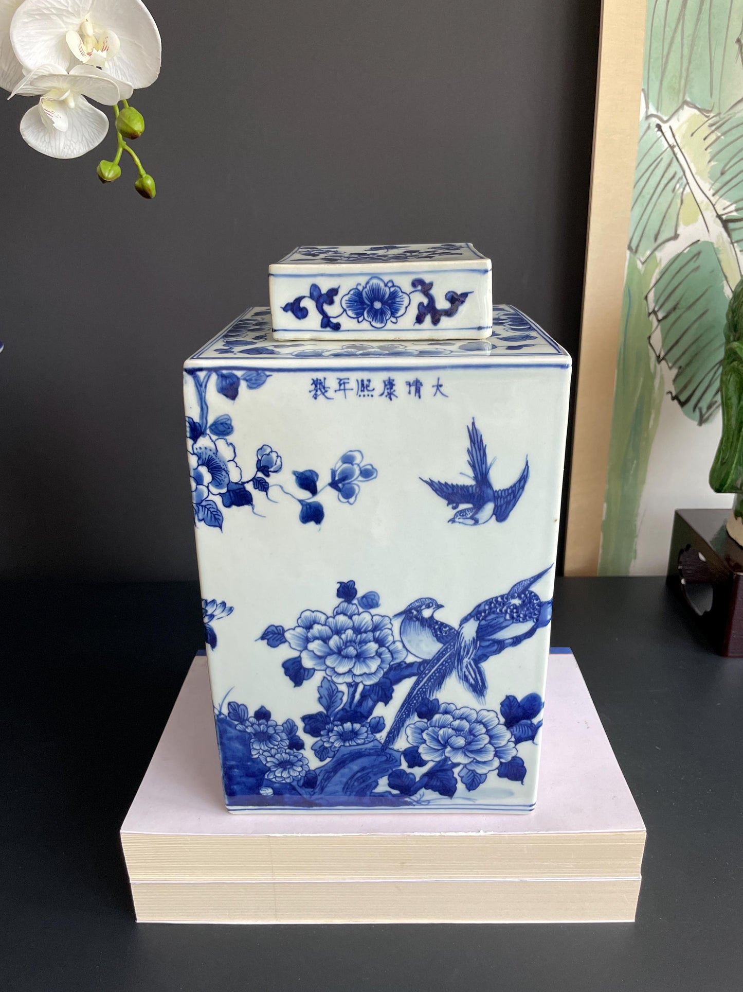 Hand-Painted Blue & White Xiang Qi Square Porcelain Vessel | Imperial Kangxi Style Continuous Panoramic Garden Scroll (~30cm)