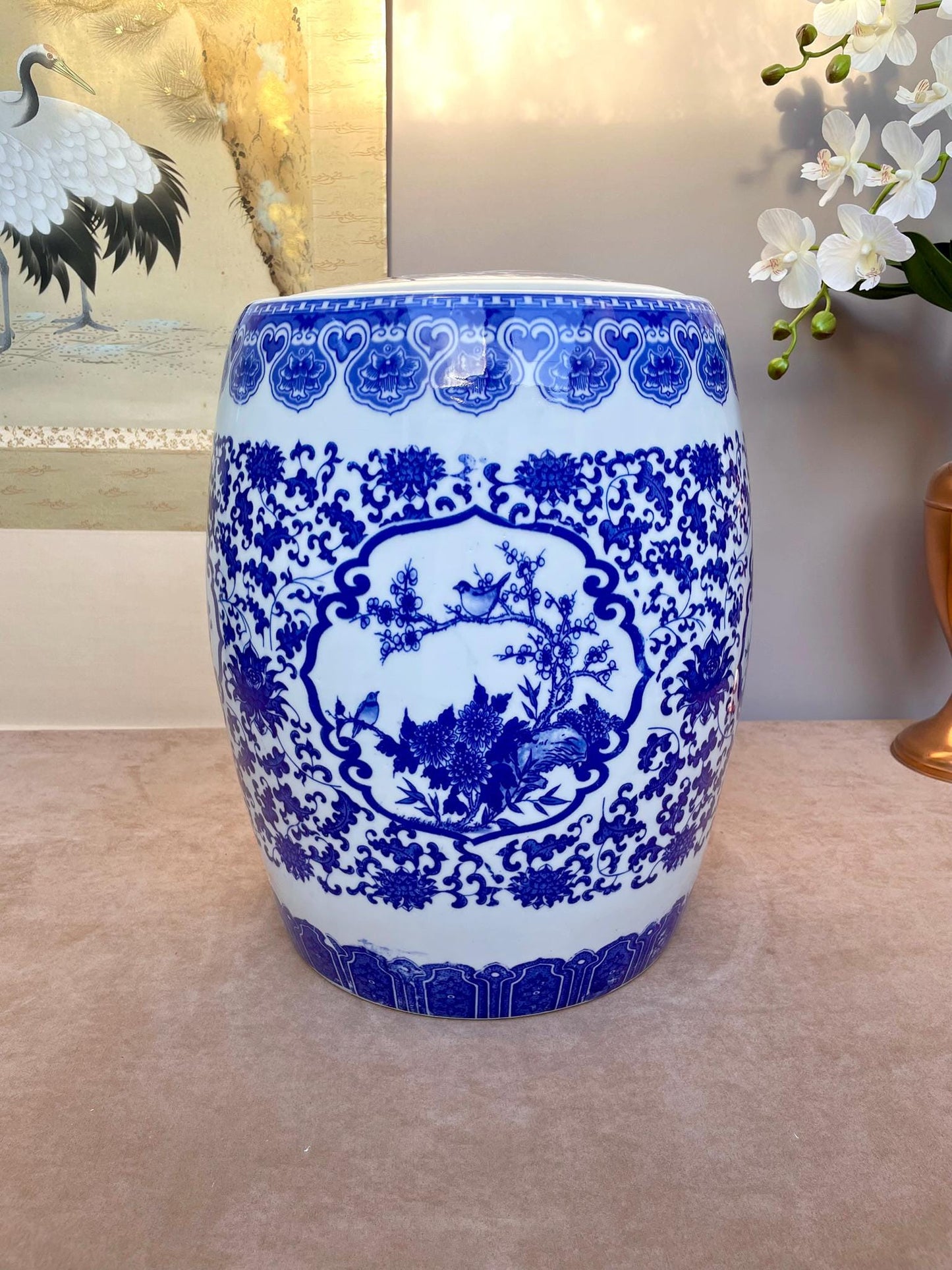 Blue & White Porcelain Lidded Container • Chinoiserie Ginger Jar Side Table • Decorative Storage Jar w/ Rubber Gasket • Floral Bird Pattern