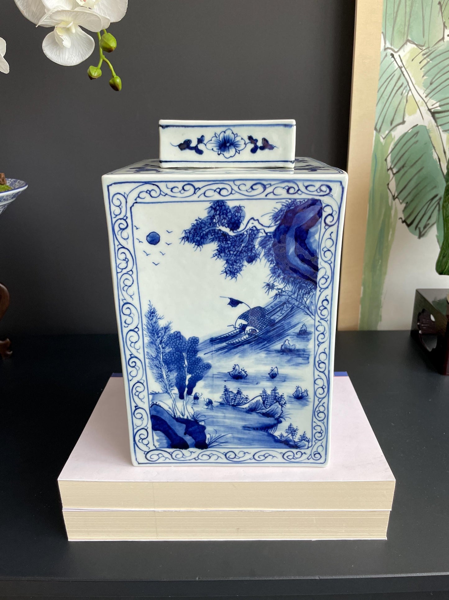 Hand-Painted Blue  White Square Xiang Qi Porcelain Vessel with Lid Imperial Kangxi Style Scholar  Pine Tree Motif  app 30cm
