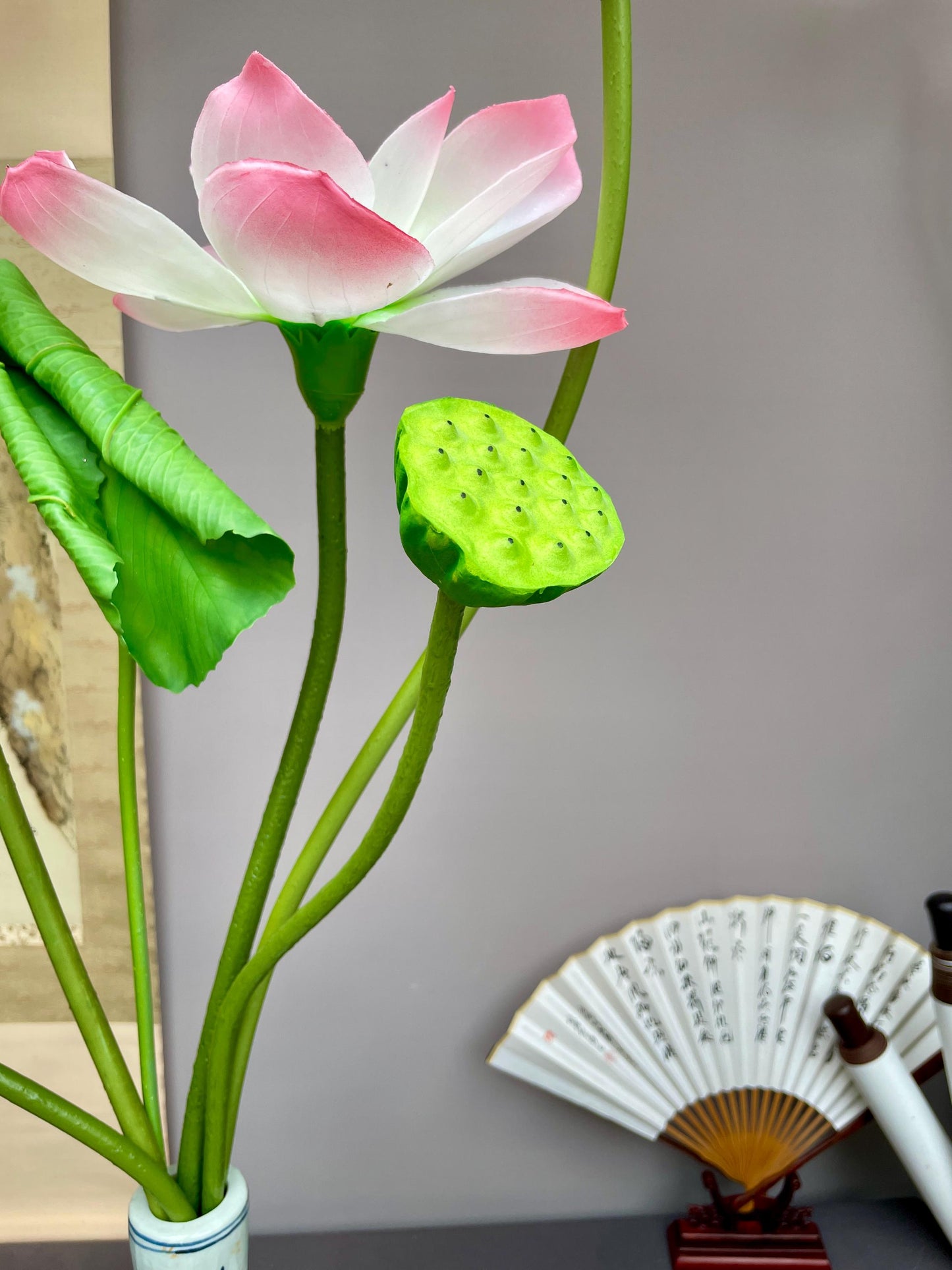 Real Touch Lotus Flower Arrangement 95cm Tall Faux Lotus Stem with Pods Artificial Lotus Bouquet Large Zen Table Decor Silk Flowers. Pink.