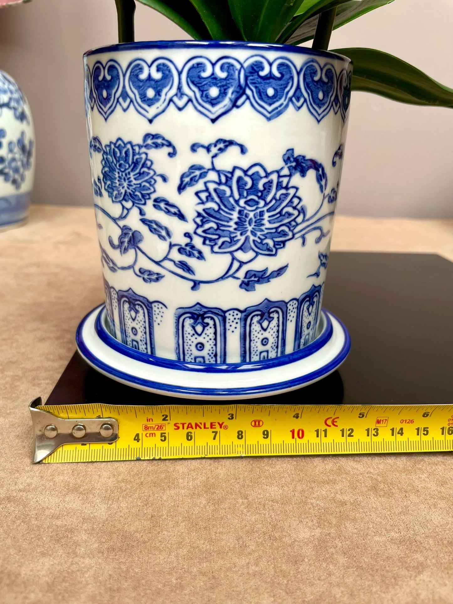 Blue and White Chinoiserie Orchid Planter with Saucer: Elegant Ceramic Flower Pot
