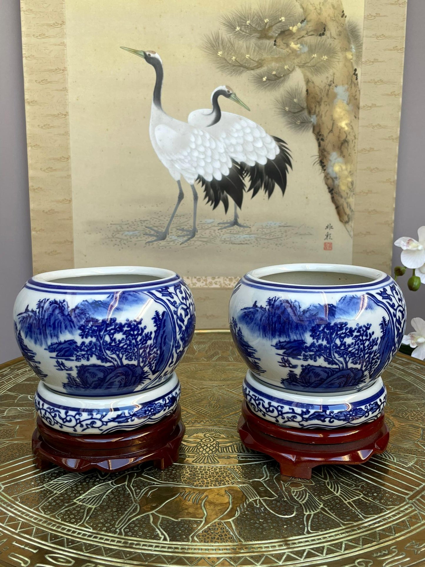 Pair of Blue and White Ceramic Vase with Stand | Traditional Chinese Landscape Design | Elegant Home Decor