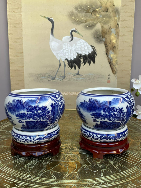 Pair of Blue and White Ceramic Vase with Stand | Traditional Chinese Landscape Design | Elegant Home Decor