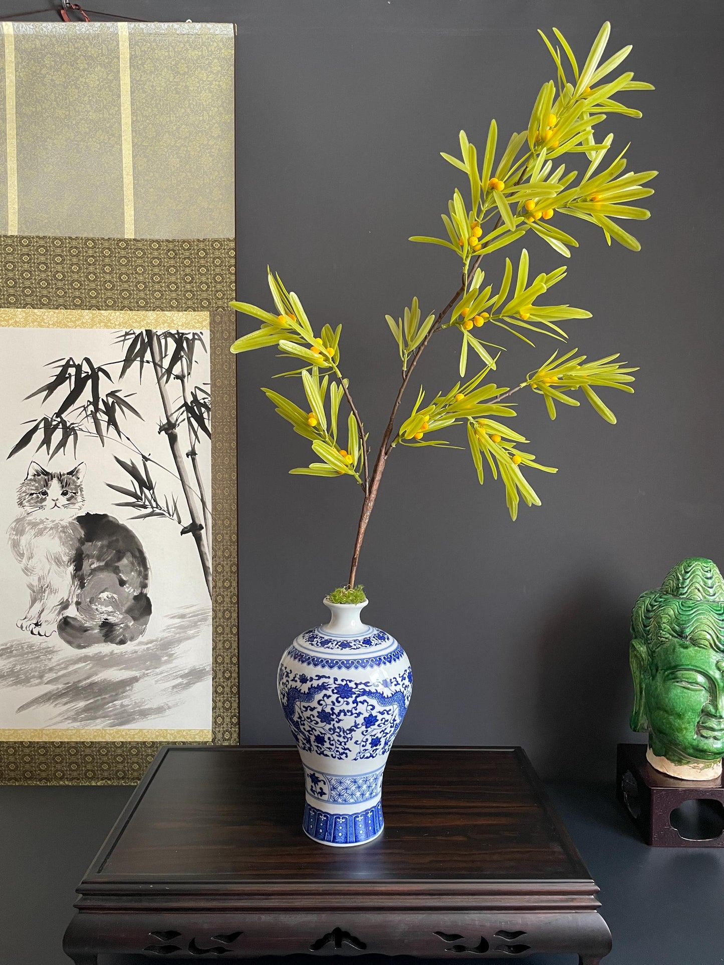 Architectural Faux Greenery Branch | Artisanal Artificial Berry Stem | Modern Botanical Statement Piece for Vases