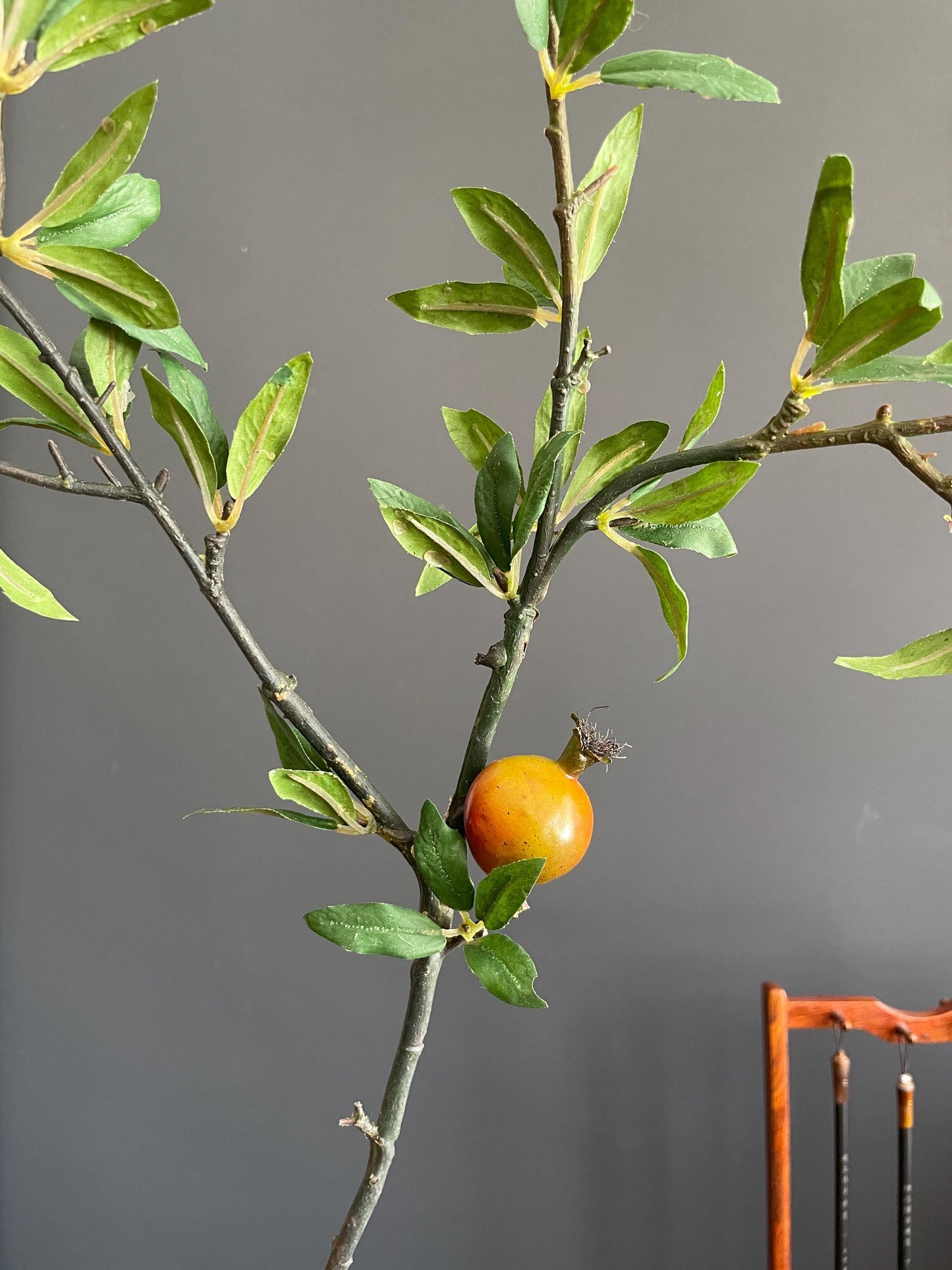 Architectural Faux Greenery Branch | Artisanal Artificial Pomegranate Stem | Vibrant Botanical Accent for Eclectic Interiors