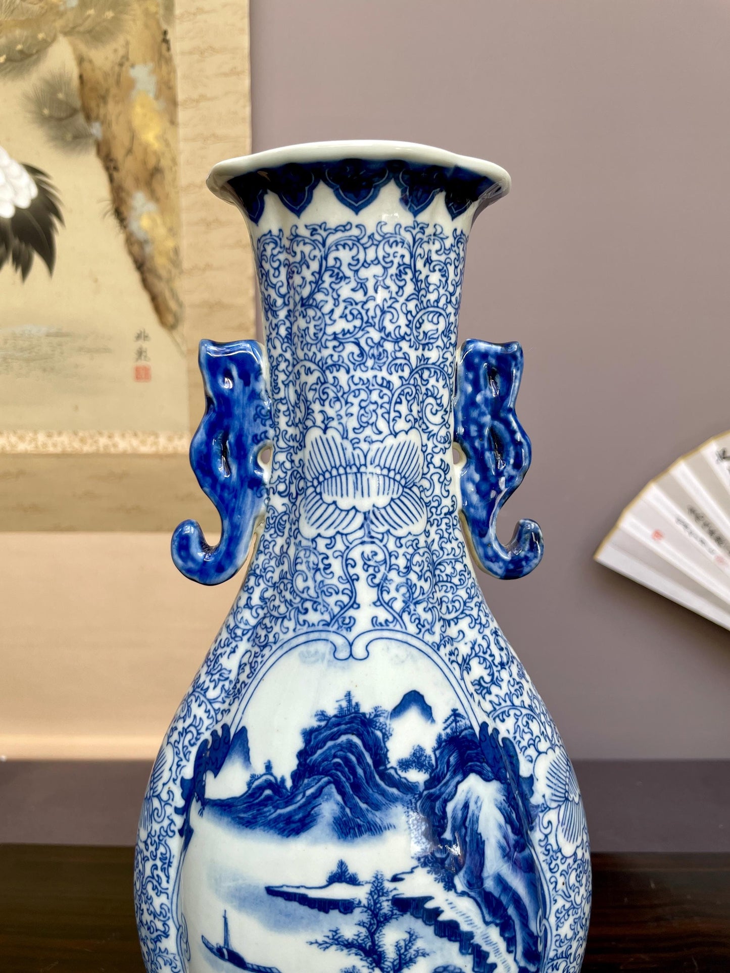 Blue and White Landscape Vase Ceramic Chinoiserie Baluster Vase Porcelain Temple Vase Oriental Mountain Scene Pottery Large Console Decor