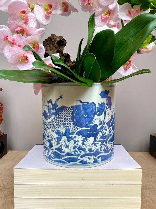 Hand-Painted Chinese Blue and White Porcelain Vase with “Baby Holding Fish” Motif Symbolizing Prosperity and Abundance