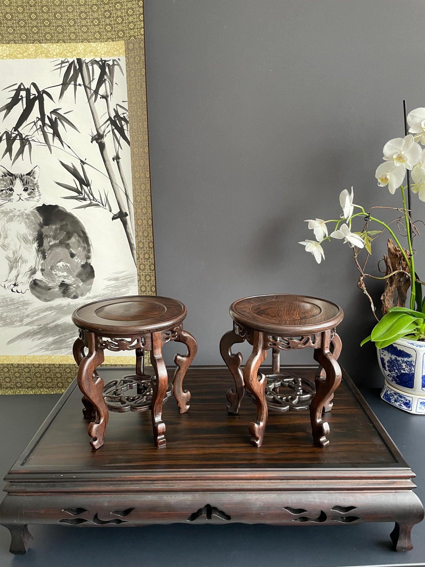 Artisanal Carved Hardwood Stand | traditional Chinese Display Base for Orchids | Elegant Pedestal for Porcelain Planters