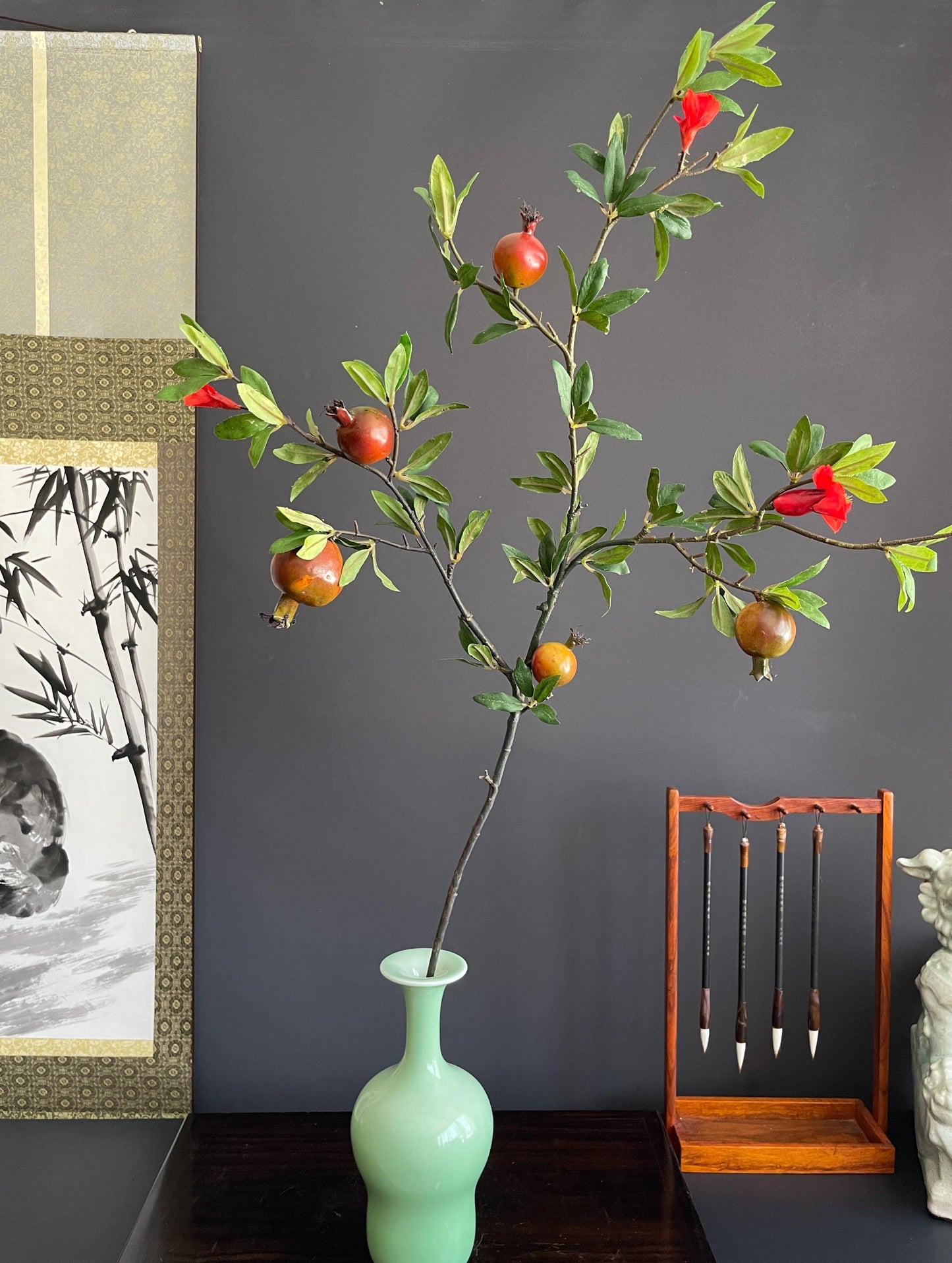 Architectural Faux Greenery Branch | Artisanal Artificial Pomegranate Stem | Vibrant Botanical Accent for Eclectic Interiors