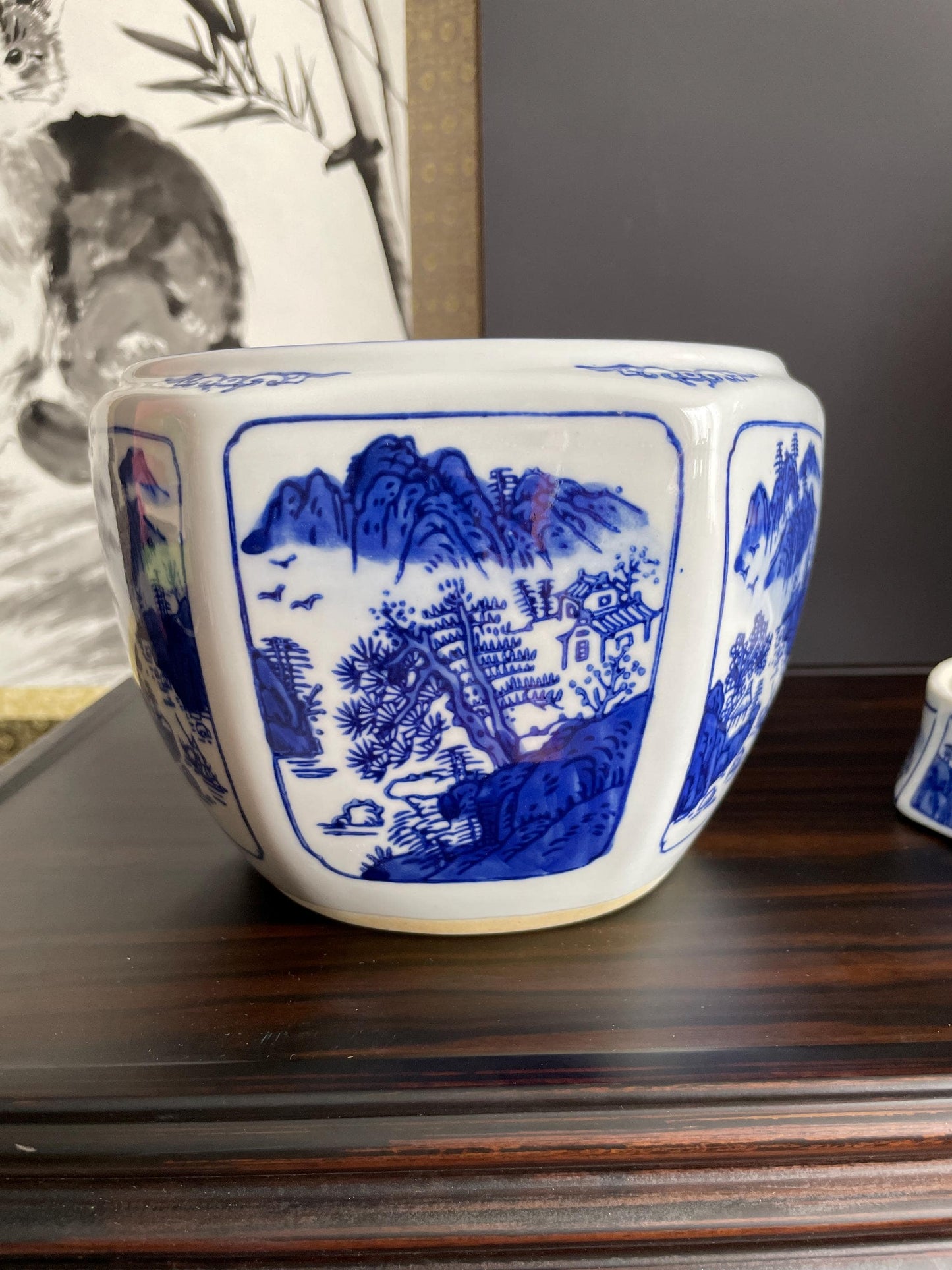 Blue and White Porcelain Planter Set | Hand-Crafted Chinoiserie Ceramic Cachepot | 2 Piece Decorative Plant Pot for Indoor Flowers
