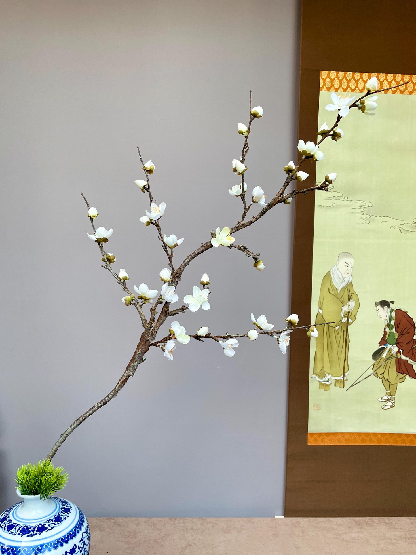 Large Realistic White Plum Blossom Branch - Faux Winter Meihua Stem - Elegant Chinoiserie Decor Hand-Crafted Luxury Zen Floral