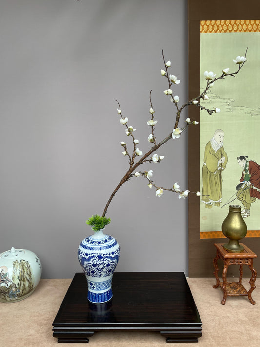 Large Realistic White Plum Blossom Branch - Faux Winter Meihua Stem - Elegant Chinoiserie Decor Hand-Crafted Luxury Zen Floral