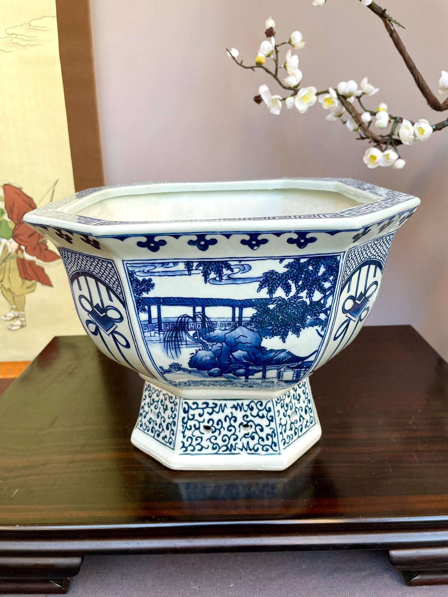 Blue & White Hexagonal Footed Bowl • Scenic Landscape Porcelain Centerpiece • irregular hexagon Oriental Art Bowl Luxury Decorative Vessel