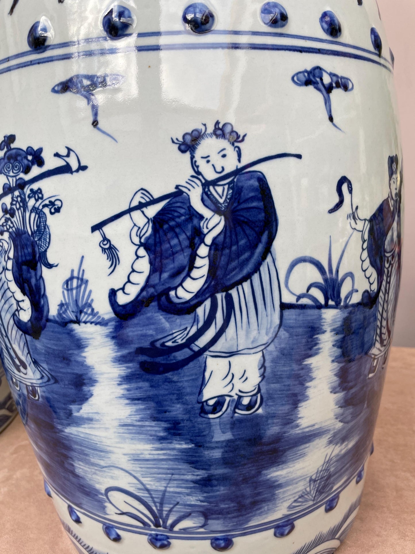 Large Blue and White Porcelain Garden Stool, Hand Painted Eight Immortals Ceramic Seat Chinoiserie Drum Stool Chinese Figure Decor Heavy