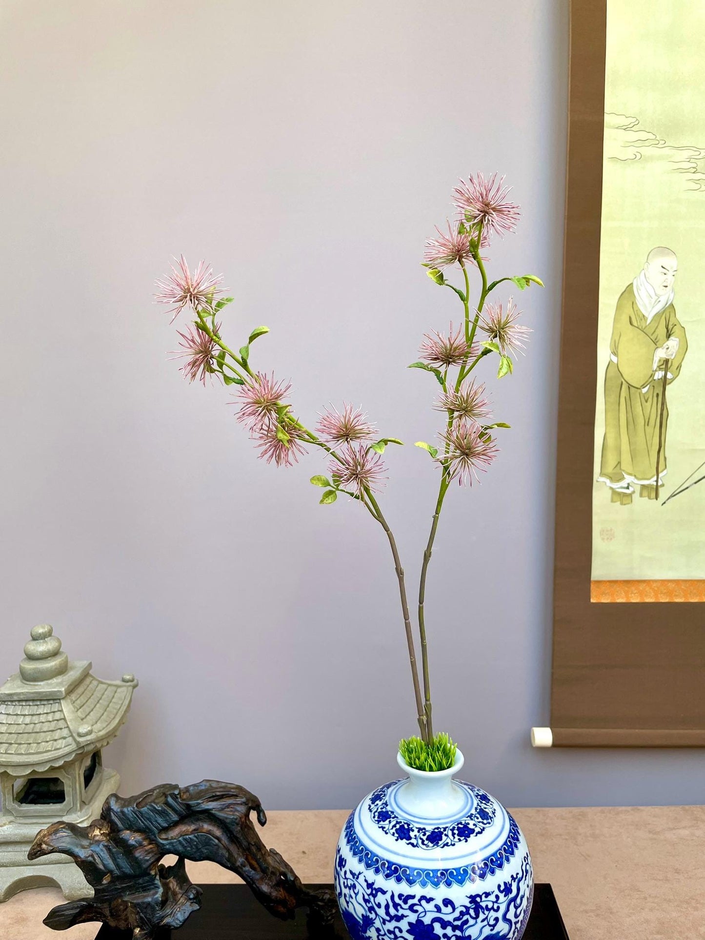 Pink Silk Tree Pompom Stem, Faux Albizia Julibrissin, Wispy Wildflower Arrangement, Japanese Wabi Sabi Decor, Tall Vase Filler