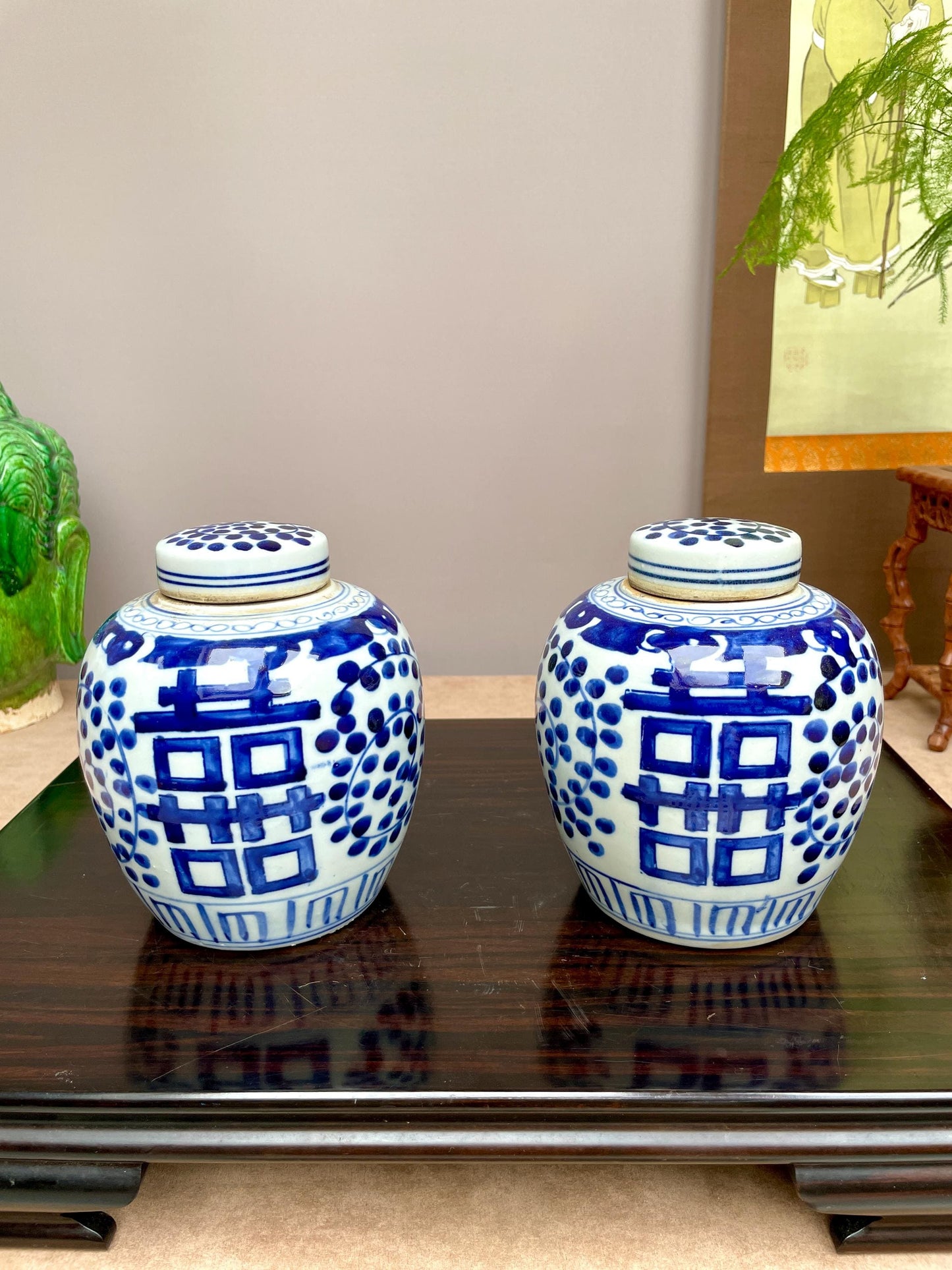 Pair of Blue and White Double Happiness Ginger Jars, hand painted Chinese Porcelain Tea Caddies with Lids, Chinoiserie Home Decor Weddings