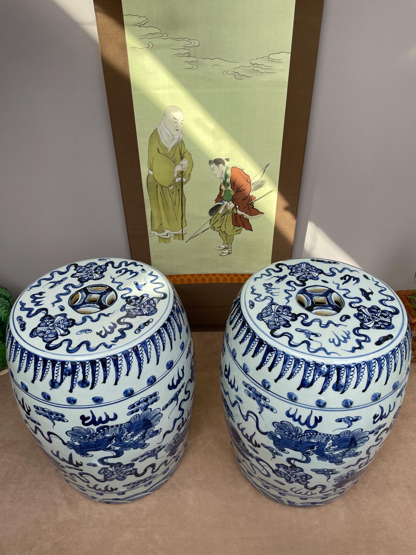 Large Blue and White Porcelain Garden Stool 100% Hand Painted Foo Dog Ceramic Seat, Chinoiserie Drum Stool, Guardian Lion Side Table Heavy.