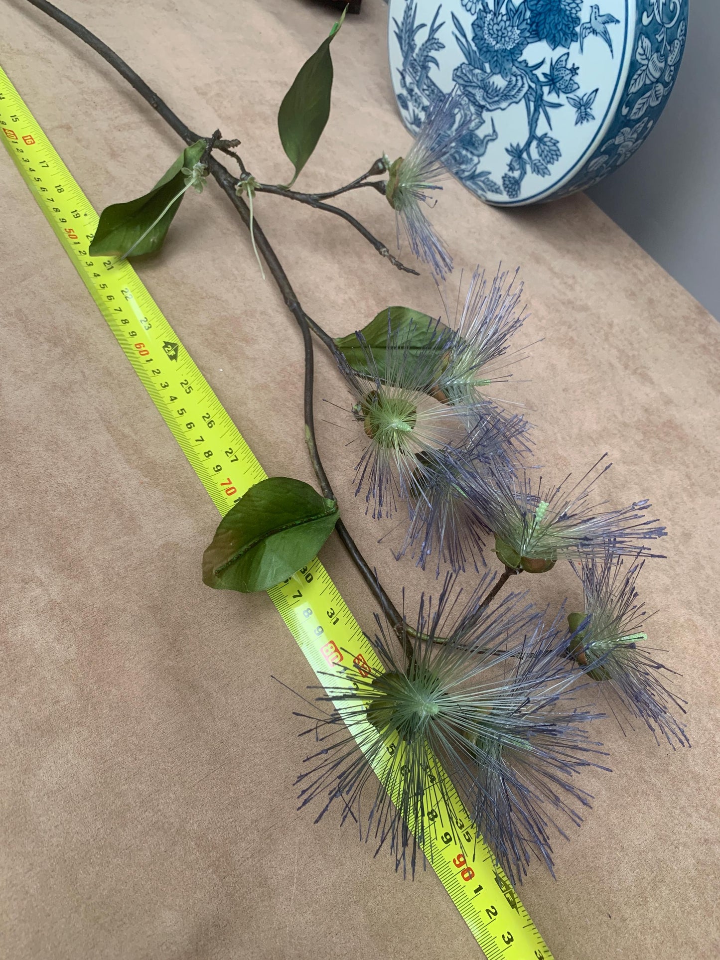 Realistic Blue Powder Puff Flower Branch - Artificial Calliandra Silk Tree Stem Zen Minimalist Home Decor Blue Pom Pom Branch High-End Faux