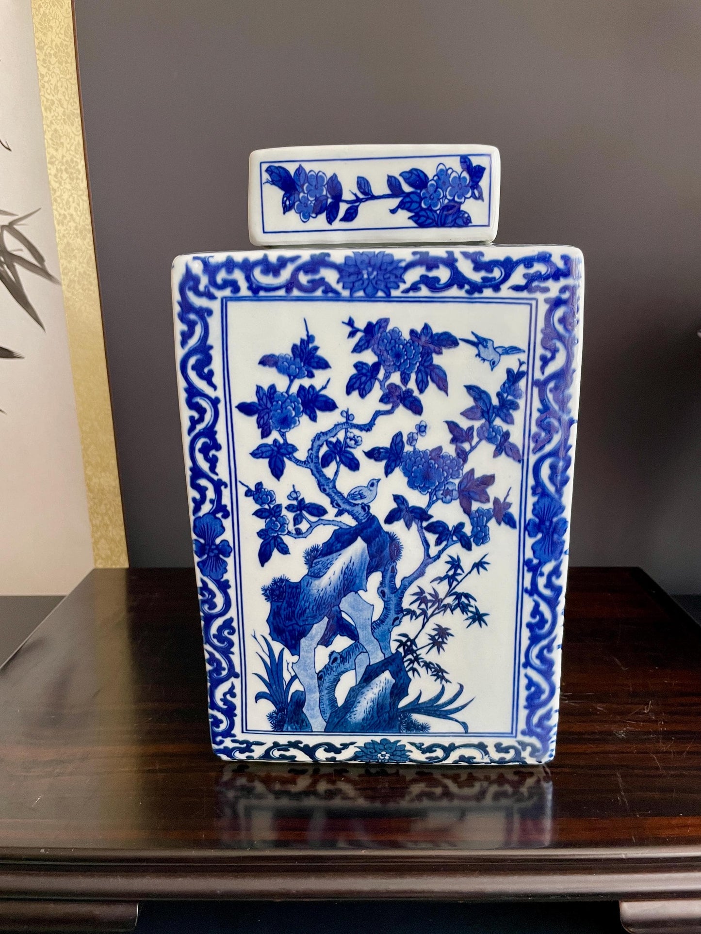 Rare Hand Painted Blue and White Xiang Qi Porcelain Vase | Hand Pressed Square Ginger Jar with Lid | 30cm Heavy Collector Ceramic Vessel