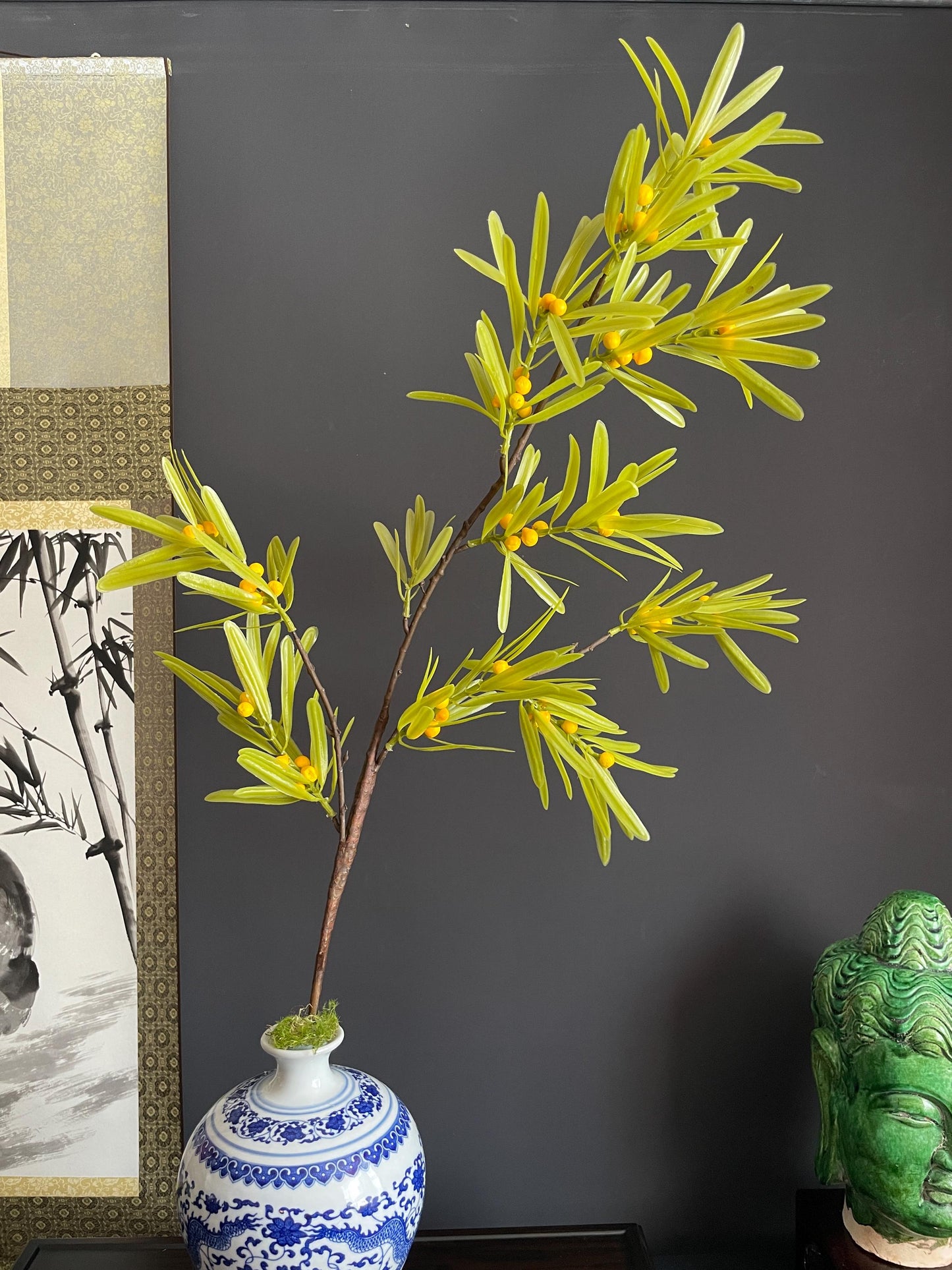 Architectural Faux Greenery Branch | Artisanal Artificial Berry Stem | Modern Botanical Statement Piece for Vases