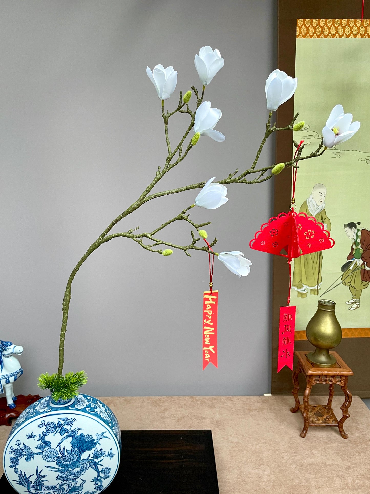 Realistic White Magnolia Branch - Faux Magnolia Denudata Flower Lunar New Year Decor Yulan Jade Orchid Zen Chinese New Year Floral Stem