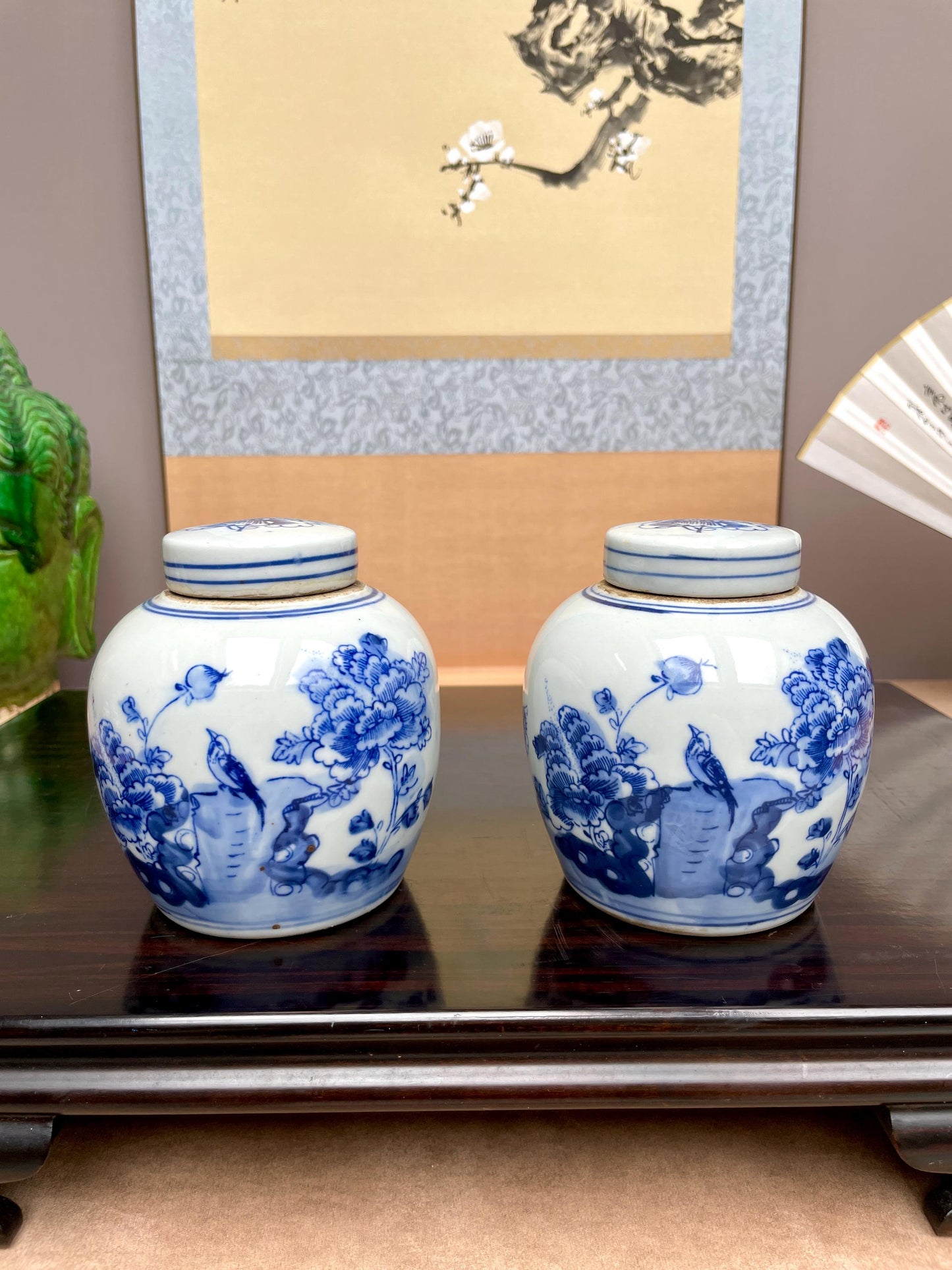 Hand Painted Cobalt Blue Floral Ginger Jars Traditional Scholar Style Porcelain Urns Oriental Bird Peony Decorative Jars Blue White Gift Set
