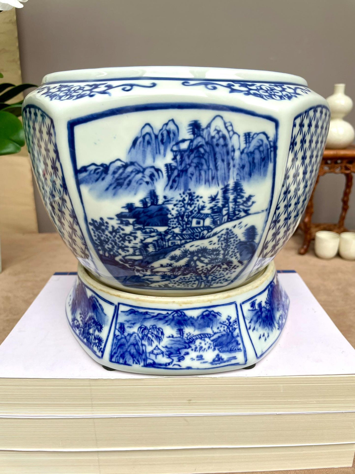 Blue and White Chinese Porcelain Planter with Stand | Hand-Painted Landscape Scene | Oriental Home Decor | Ming Style Ceramic Pot