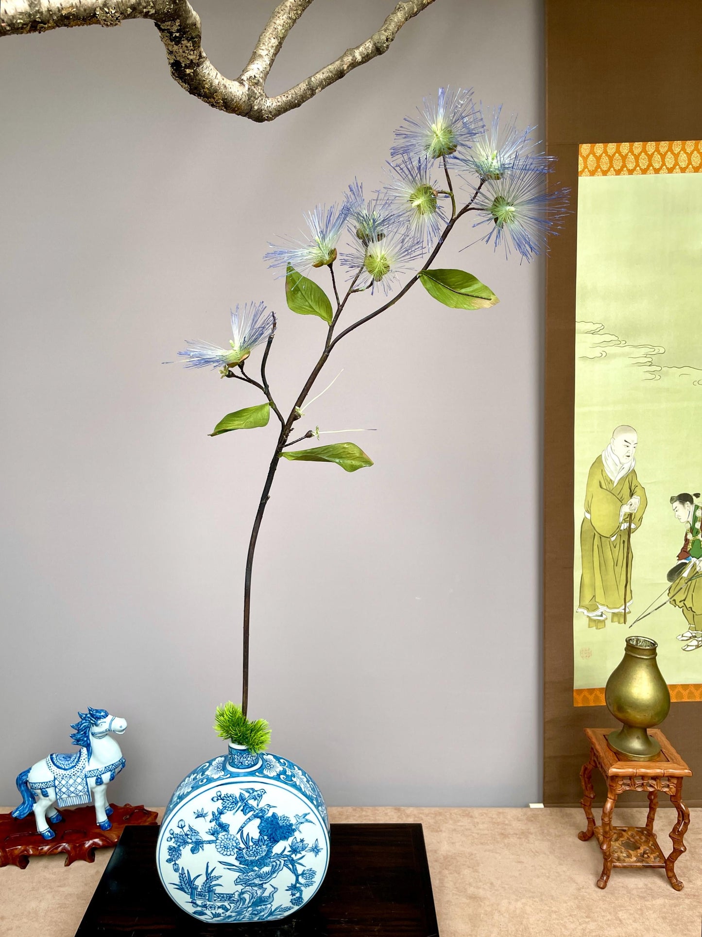 Realistic Blue Powder Puff Flower Branch - Artificial Calliandra Silk Tree Stem Zen Minimalist Home Decor Blue Pom Pom Branch High-End Faux