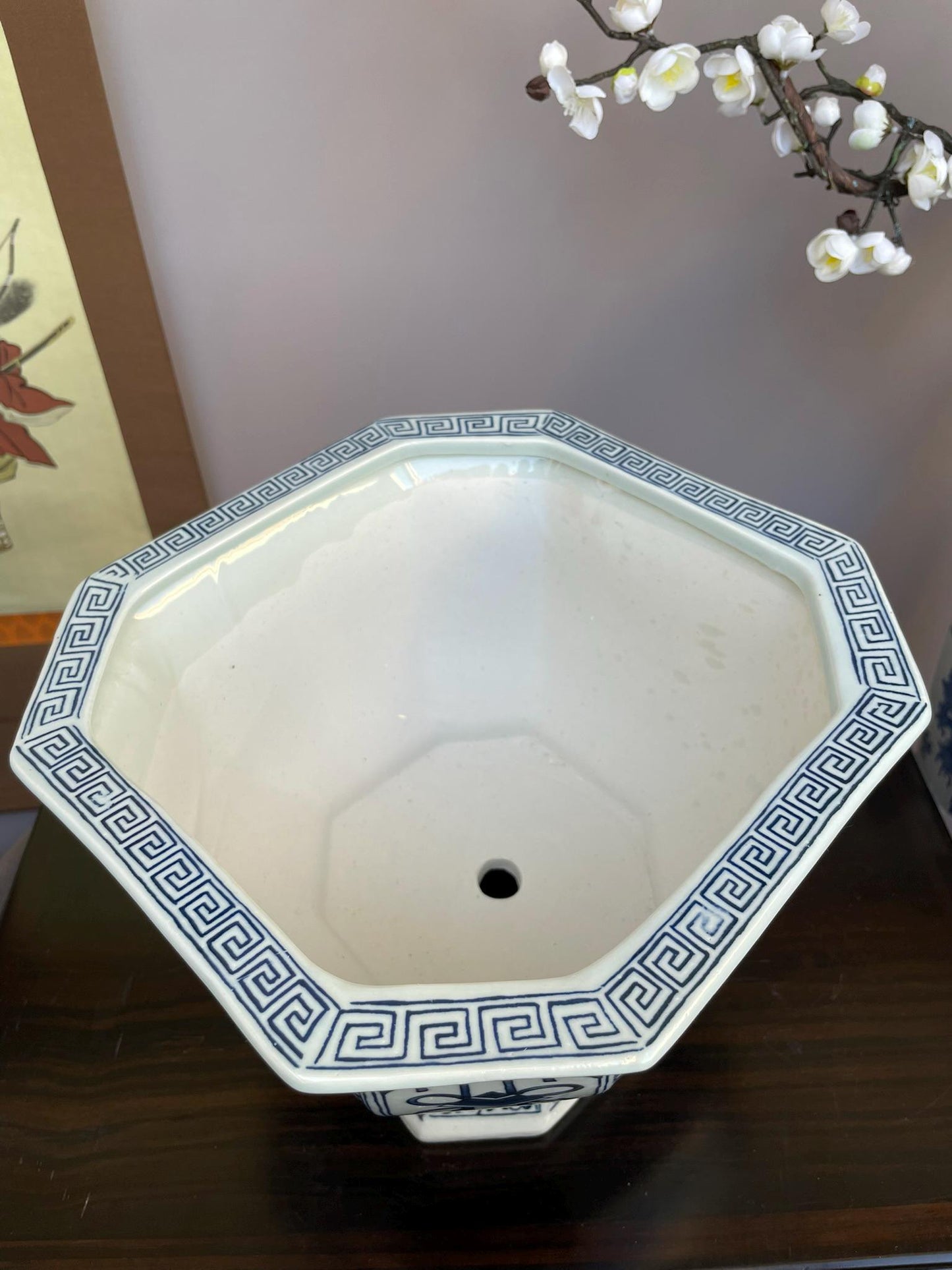 Blue & White Hexagonal Footed Bowl • Scenic Landscape Porcelain Centerpiece • irregular hexagon Oriental Art Bowl Luxury Decorative Vessel
