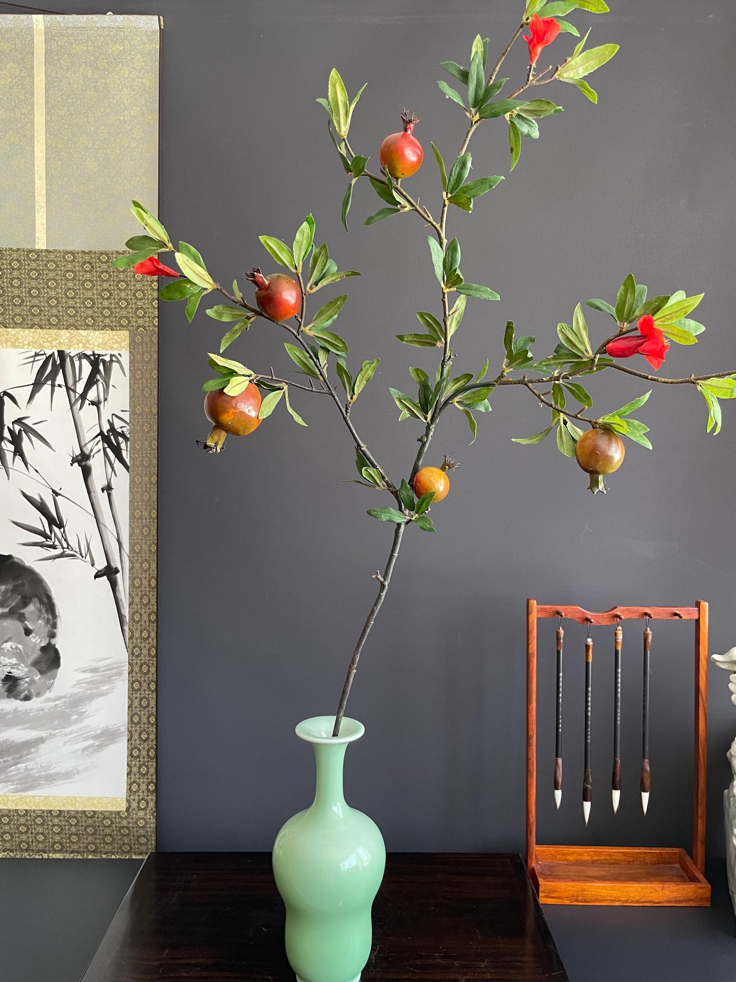 Architectural Faux Greenery Branch | Artisanal Artificial Pomegranate Stem | Vibrant Botanical Accent for Eclectic Interiors