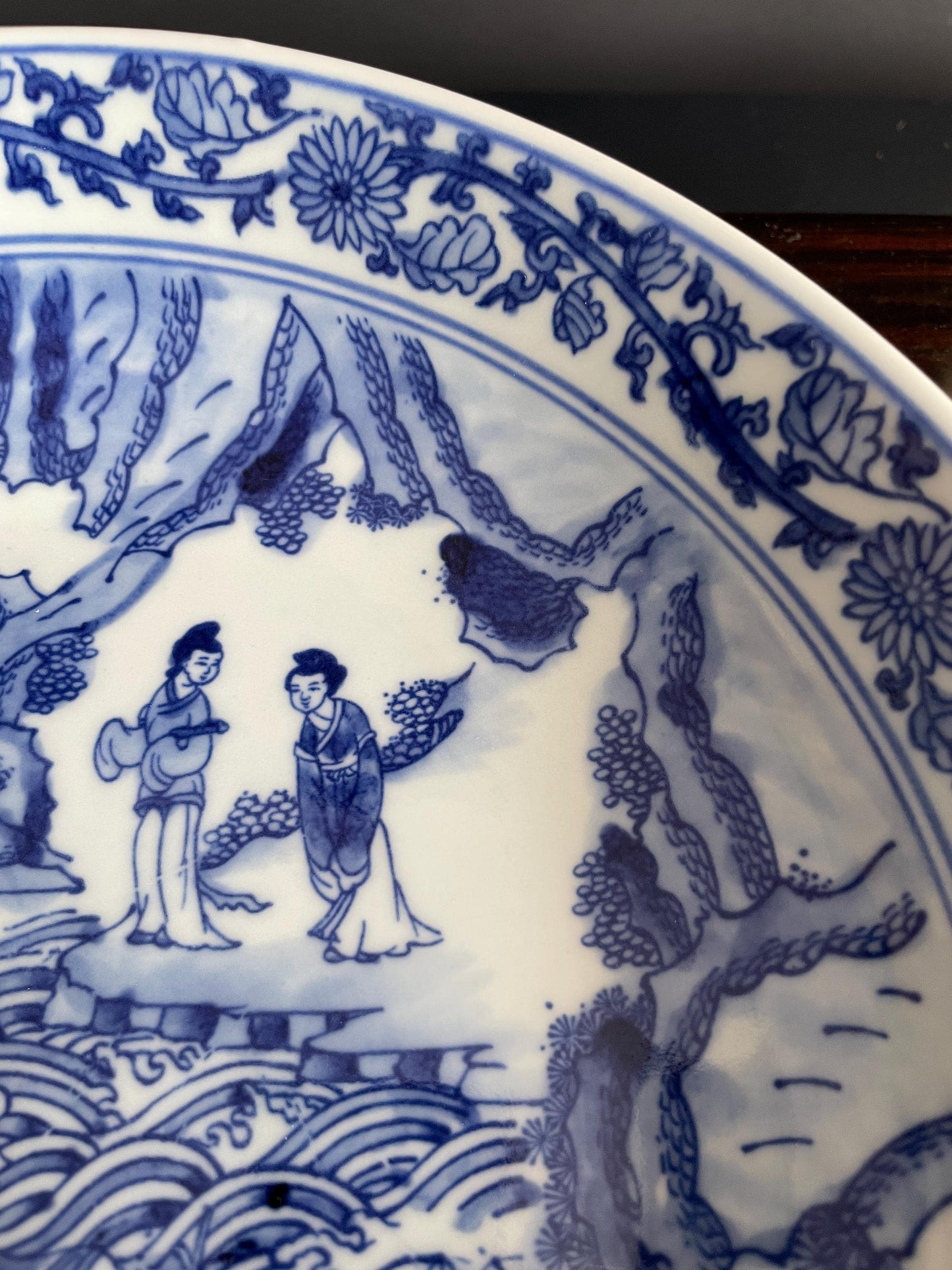 Traditional Blue and White Porcelain Charger | Hand-Crafted Narrative Decorative Plate | Classic Chinoiserie Display Platter