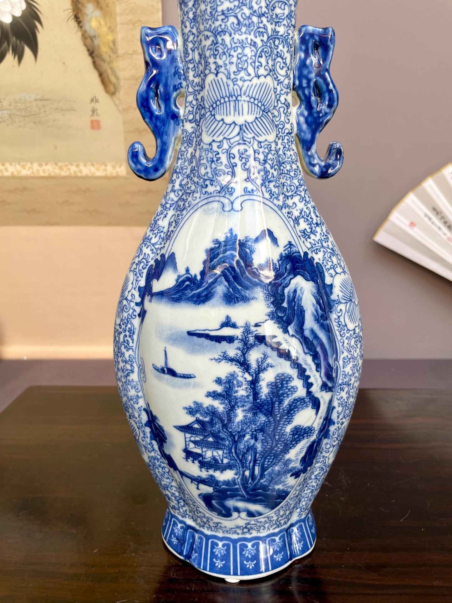 Blue and White Landscape Vase Ceramic Chinoiserie Baluster Vase Porcelain Temple Vase Oriental Mountain Scene Pottery Large Console Decor