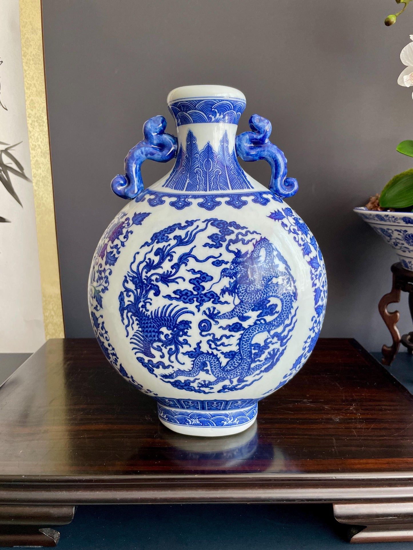 Hand Crafted Blue & White Moonflask Vase with Handles | 31cm Dragon Phoenix Porcelain Vessel Large Chinoiserie Collector Pottery