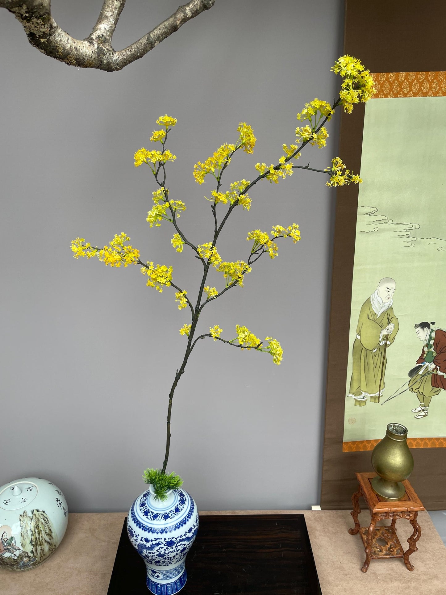 Realistic Faux Cornus Officinalis Yellow Flower Branch - Japanese Cornel Dogwood Artificial Stem Zen Minimalist Home Decor Tea Room Ornament
