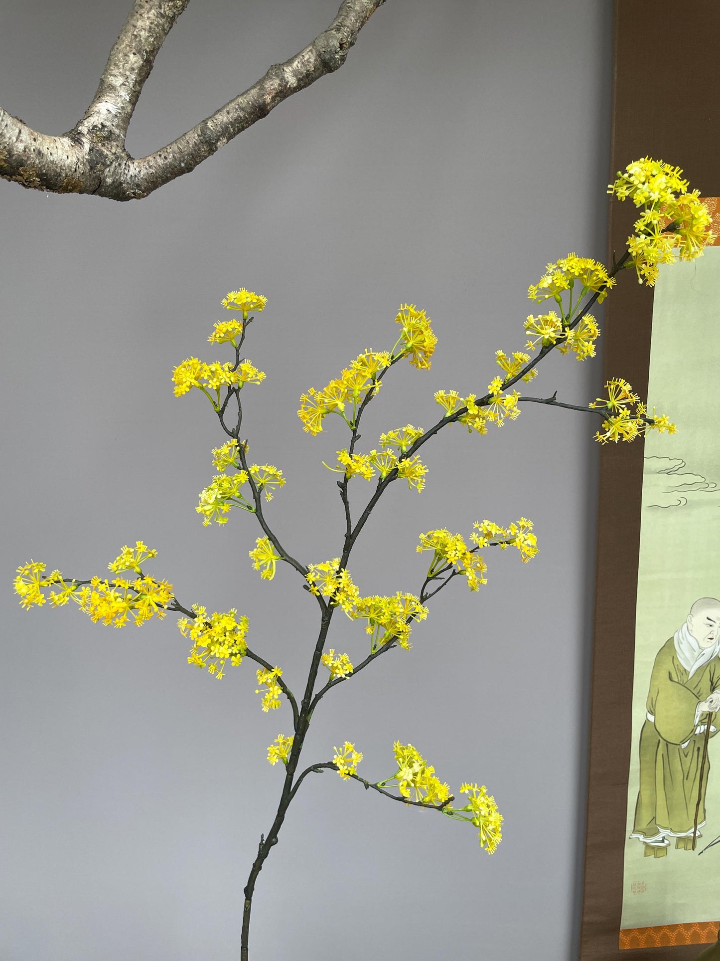 Realistic Faux Cornus Officinalis Yellow Flower Branch - Japanese Cornel Dogwood Artificial Stem Zen Minimalist Home Decor Tea Room Ornament