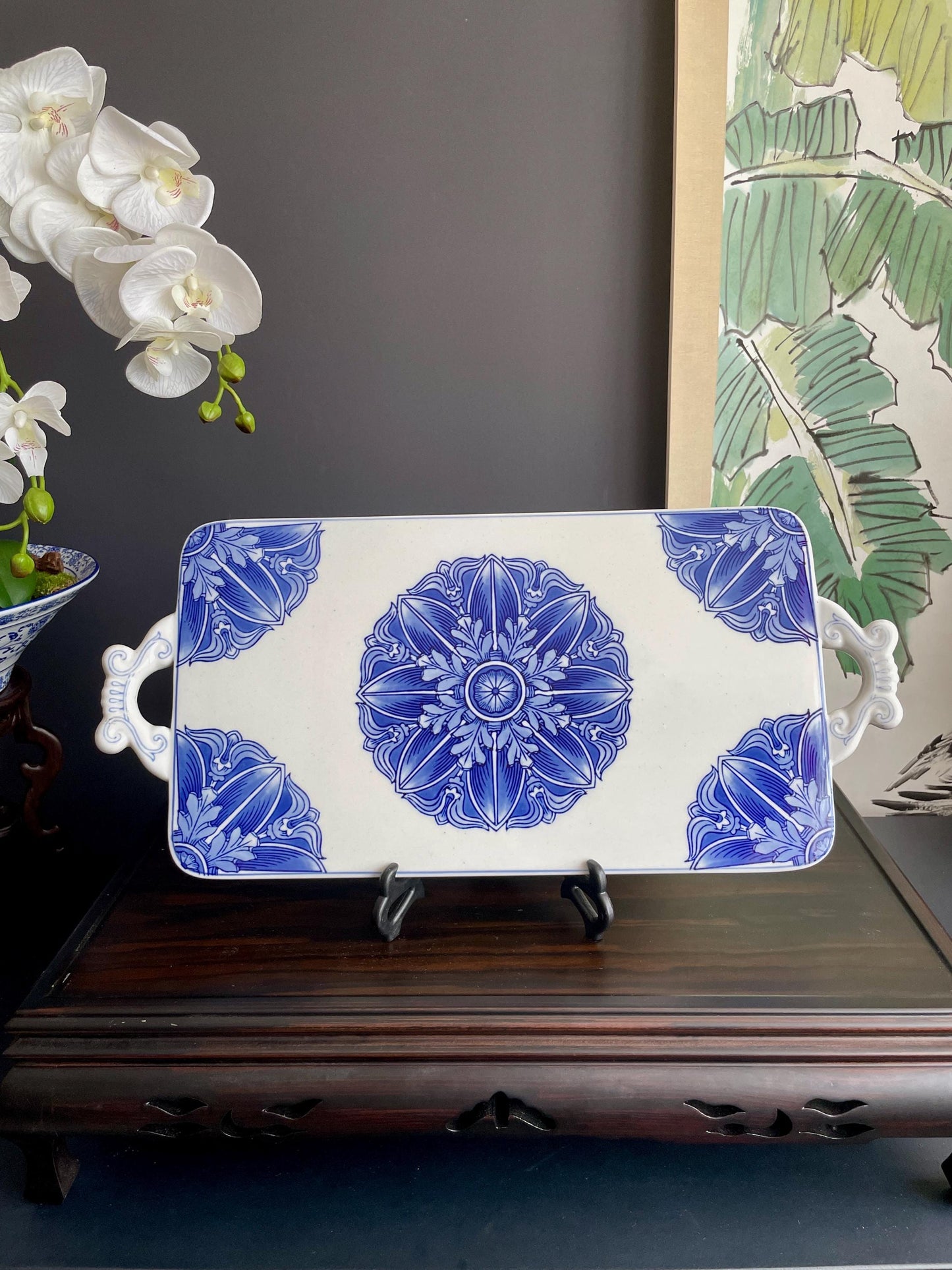 Large Blue & White Ceramic Serving Tray • Handcrafted Porcelain Board with Artisanal Floral Motif Heavy, Smooth, collector Quality Tablewar