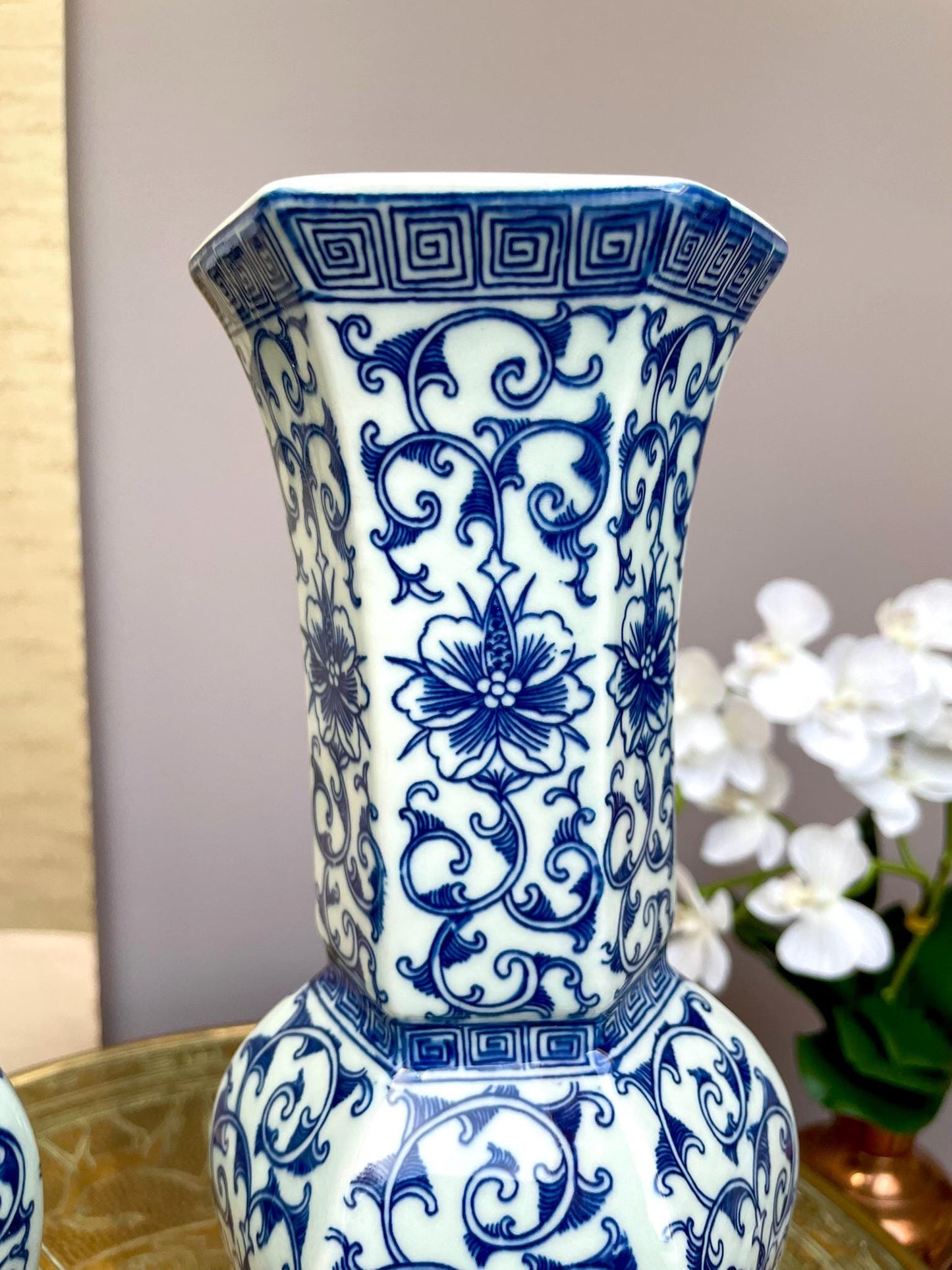 Pair of Blue & White Hexagonal Imperial Lotus Vases • Royal Ritual Vessel Form Six-Sided Classical Porcelain Pair Luxury Oriental Home Décor