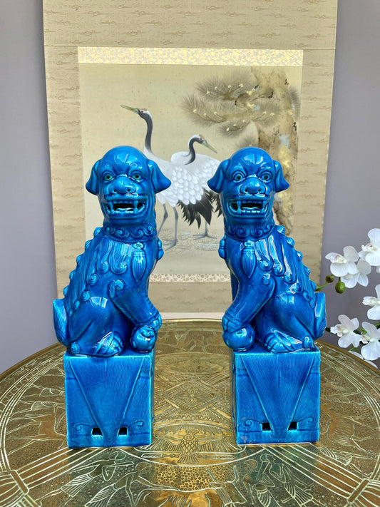 Turquoise Fu Dog Statues – Pair of Chinese Guardian Lions – Home Decor Accents for Entryway, Bookshelf & Living Room – Blue Glazed Foo Dogs